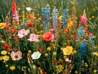 Wall Mural - A field of wildflowers with a variety of colors including pink, yellow, blue, and white