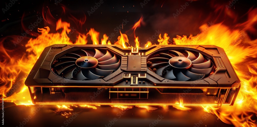 Gpu Card Explode Flaming graphics card surrounded by fire depicting overclocking or ...