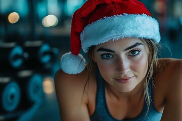 Wall Mural - person in the santa hat training in the fitness gym, sport active lifestyle in christmas time