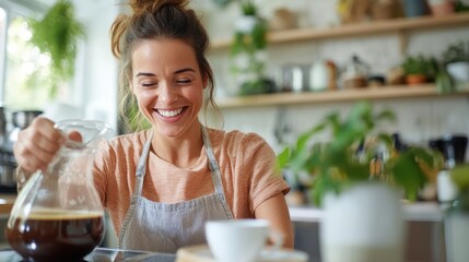 Wall Mural - A vibrant woman in a casual orange top and apron is pouring coffee with a smile in a kitchen adorned with various plants, capturing warmth, joy, and a homey atmosphere.