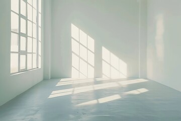 Aufkleber - Spacious and bright empty room filled with natural sunlight streaming through large windows, showcasing a clean, modern design, creating an inviting and warm atmosphere.
