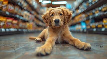 Poster - Golden Retriever Puppy in a Grocery Store