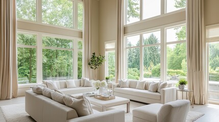 Wall Mural - Luxurious living room with large windows and forest view