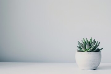 Aufkleber - A close-up image of a small, green succulent plant in a white pot. The background is minimalist, emphasizing the succulent's texture and geometric shape.