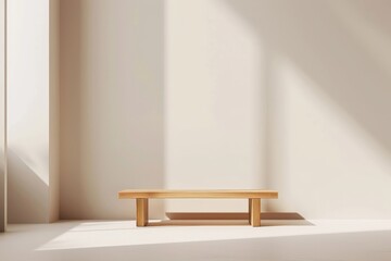Aufkleber - A minimalist wooden bench is featured in this image, bathed in sunlight and shadows, showcasing the elegance of natural wood and simple design. It's a serene and tranquil space.