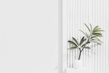 Poster - A minimalist photograph featuring a green potted plant placed against a pristine white panel wall, representing simplicity and modern interior design aesthetics.