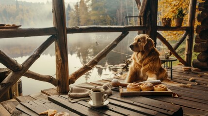 Wall Mural - Retriever sits on the veranda by the lake
