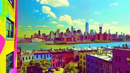 Vibrant view of Jersey City skyline with colorful buildings and waterway during a sunny day