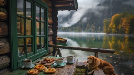 Sticker - A dog sits near a table with food in a house near a mountain lake
