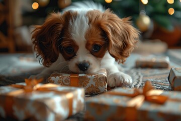 Wall Mural - A Cute Puppy Playing With Christmas Presents