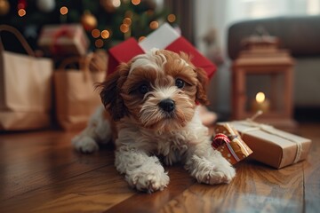 Canvas Print - Cute Puppy Under Christmas Tree