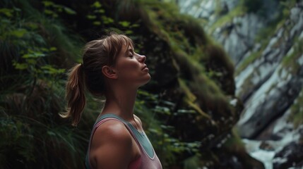 Female outdoorsy woman standing by waterfall with thoughtful expression.