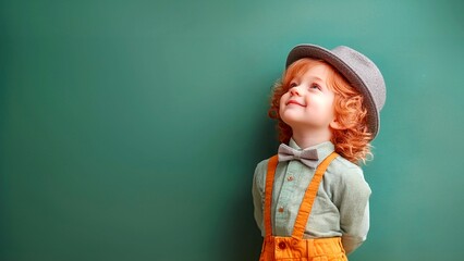 little boy on green solid background with red hair looking up