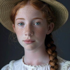 Red-haired girl in a hat and two pigtails, portrait
