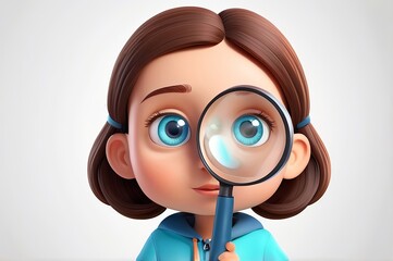 Wall Mural - Curious intrigued cartoon character young girl with a magnifying glass in 3D style design on a light white background. Human people exploration concept. Made with generative AI technology