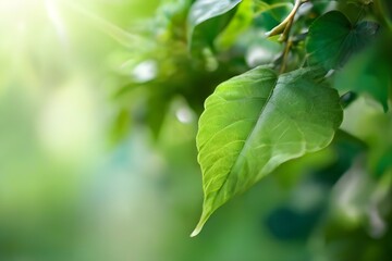 Amazing nature view of green leaf on blurred greenery background in garden and sunlight with copy space using as background natural green plants landscape, ecology, fresh wallpaper. Generative AI