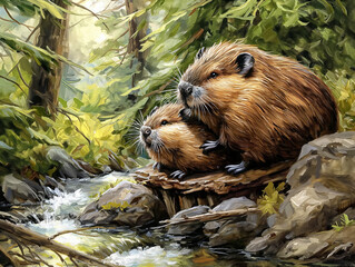 Canvas Print - Two brown beavers are sitting on a rock near a river. Scene is peaceful and serene, as the beavers seem to be enjoying their time in the natural setting