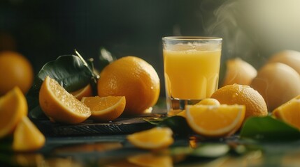 A glass of juice and fresh orange fruit closeup view