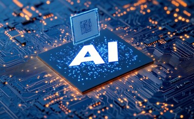 Poster - Artificial intelligence AI chip on blue circuit board for futuristic technology