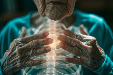 Aufkleber - A senior's hands are gently placed over their chest, which features an illuminated x-ray of the rib cage, stressing themes of medical care, aging, and anatomy.