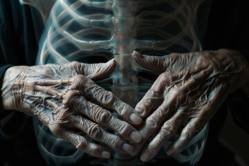 Poster - An elderly individual's hands rest on their stomach with an illuminated x-ray of the rib cage overlayed, symbolizing physical health, aging, and anatomical studies.