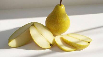 Juicy sliced pear close-up on white background - delicious and fresh fruit concept