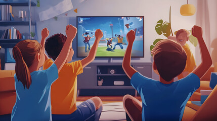 Wall Mural - Kids Celebrating a Gaming Victory with High-Fives - A depiction of kids in a living room, joyfully celebrating a big win in their video game, with high-fives and smiles all around