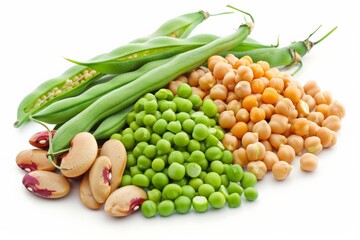 Poster - Photograph of a mix of beans and legumes, including green beans, peas, and chickpeas, on a white background. Sharp and detailed --ar 3:2 --style raw Job ID: ce55dc7c-1e39-4fcd-8eb1-6febd86b7e5f