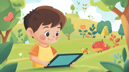 Wall Mural - Kids Exploring an Educational Game on a Tablet - An illustration of a child using a tablet to play an educational game, where learning and fun go hand in hand