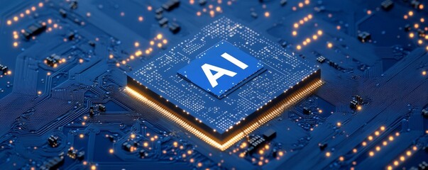 Poster - Close-up of AI microchip on blue circuit board, advanced technology concept