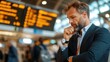 © Pinklife - A businessman in a suit at an airport terminal, checking his phone while standing near a departure board, possibly awaiting or checking for his flight information.