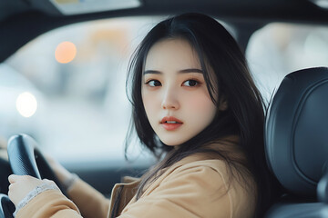 beautiful young woman driving a modern car	
