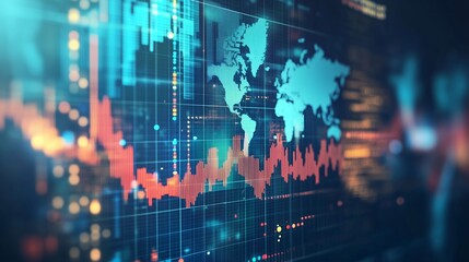Poster - global financial data visualization with market trends and world map on a digital screen