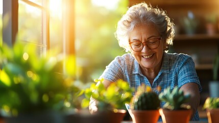 An elderly woman wearing glasses and a blue shirt, smiling down at succulent plants, set in a bright, sunlit space filled with green foliage and potted plants.