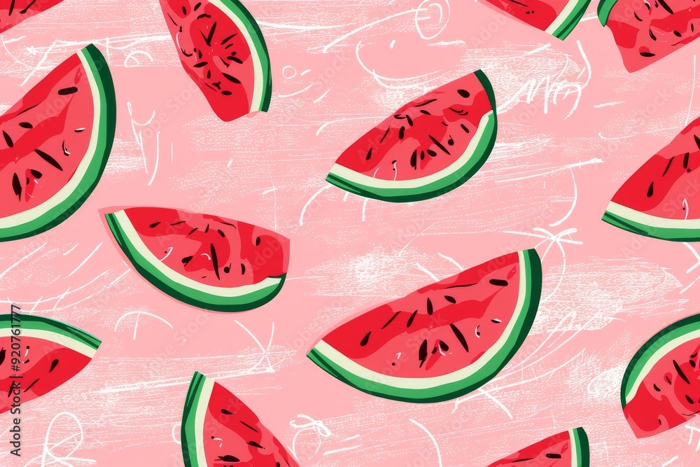 Seamless pattern with watermelon slices on a black background, flat ...