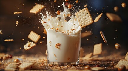 Sticker - A dynamic shot of milk bursting from a glass, with crackers and candy fragments creating an energetic scene, perfect for snack food promotions.