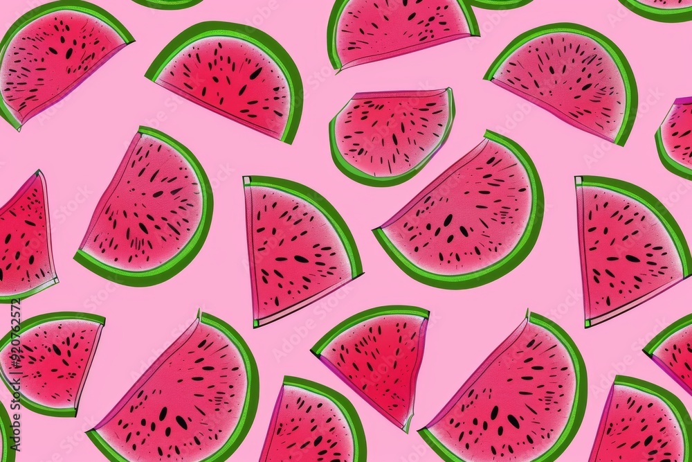 Seamless pattern with watermelon slices on a black background, flat ...
