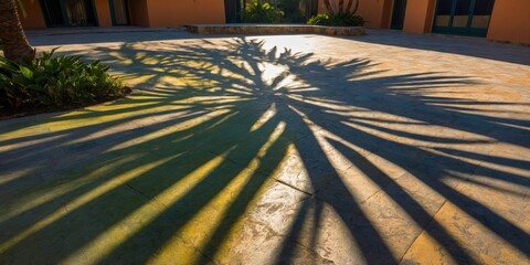 Shadows of palm fronds cast across a multicolored, geometrically designed courtyard under bright sunlight.