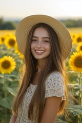 Wall Mural - Young woman smiling in sunflower field during golden hour