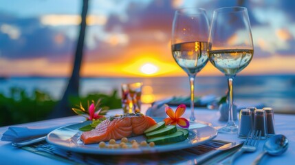 Luxury meal on table with sea with beautiful sunset