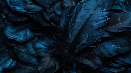 Wall Mural -   Close-up of blue feathers with green leaves at top and bottom