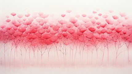 Wall Mural -   A painting of a group of heart-shaped balloons soaring through the sky above a field of slender trees