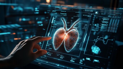 Poster - medical professional analyzing 3d holographic image of human lungs in a high-tech healthcare facilit