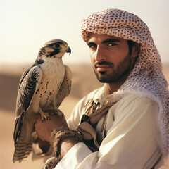 an arab man holds a falcon on his arm