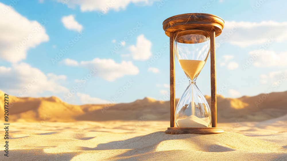 Hourglass on the sand under clear blue sky, symbolizing the passage of ...
