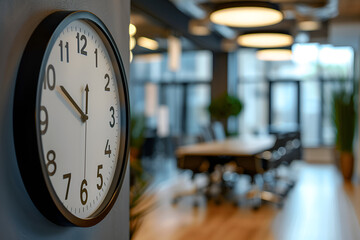 Close up of a wall clock on a modern office interior, with soft lighting and a blurred background showing a meeting room and window, Generative AI