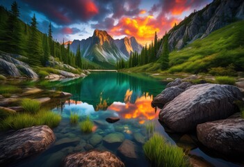 Wall Mural - breathtaking landscapes showcasing untamed natural beauty majestic lush clear vibrant skies, nature, mountain, forest, lake, sky, cloud, river, valley