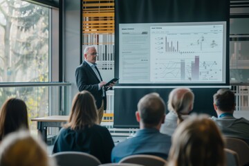 Poster - A professional gives a thorough business presentation on data analytics to an attentive audience, highlighting business trends and strategies in a modern conference room setting.