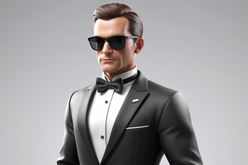 Wall Mural - Dashing secret agent with a tuxedo and sunglasses, ready for a mission in 3D design on a white background. Made with generative AI technology