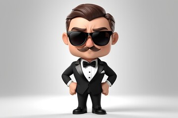 Wall Mural - Dashing secret agent with a tuxedo and sunglasses, ready for a mission in 3D design on a white background. Made with generative AI technology